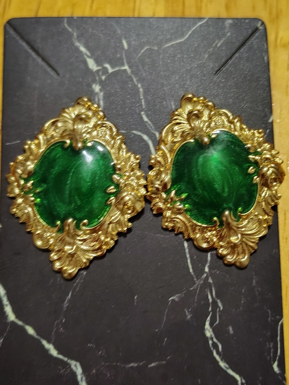 Vintage 90s Early 2000's Emerald Green Baroque Statement Studs • Lightweight